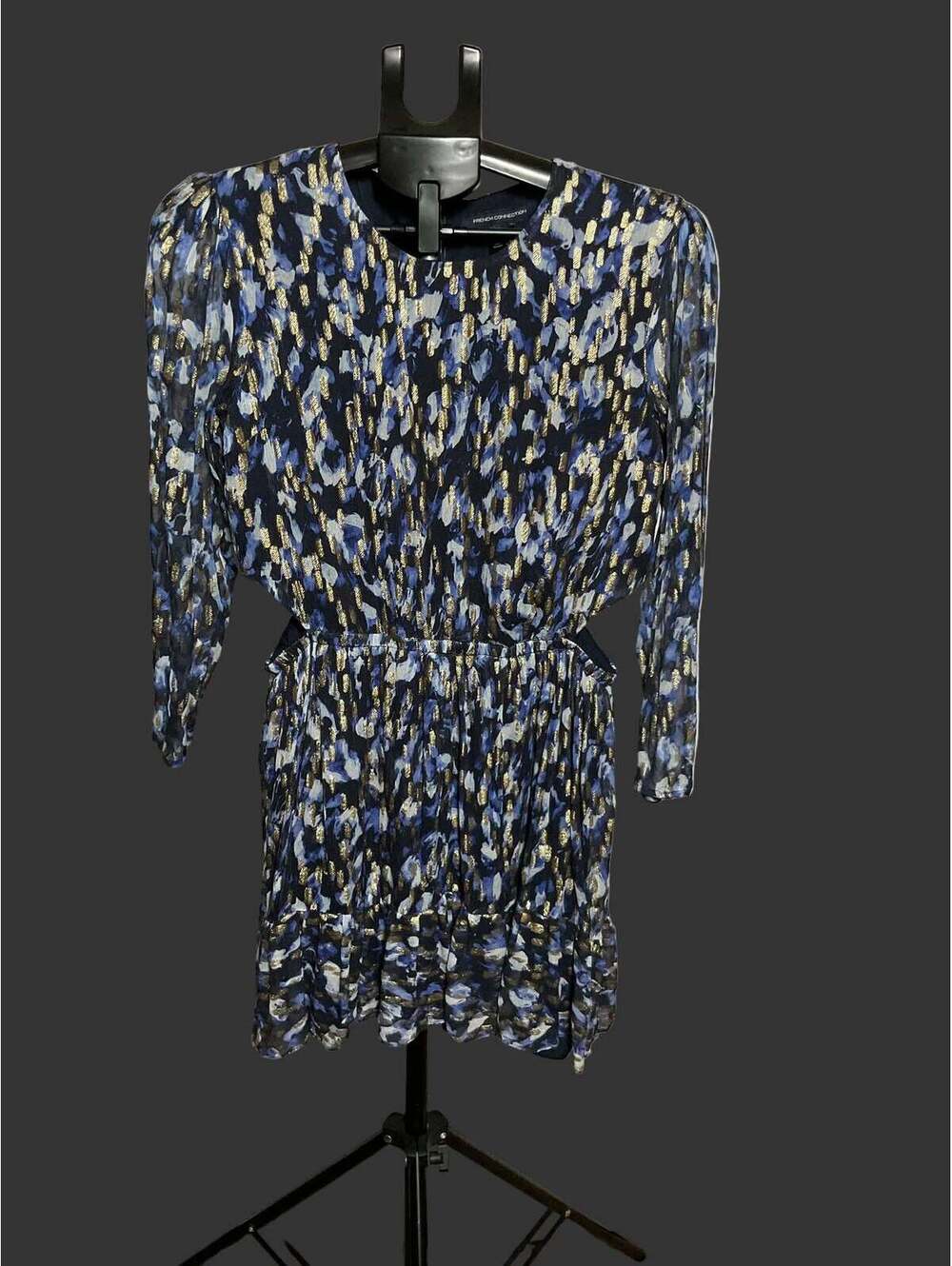 French Connection Metallic Print Cutout Mini Dress Size 12 Blue Gold